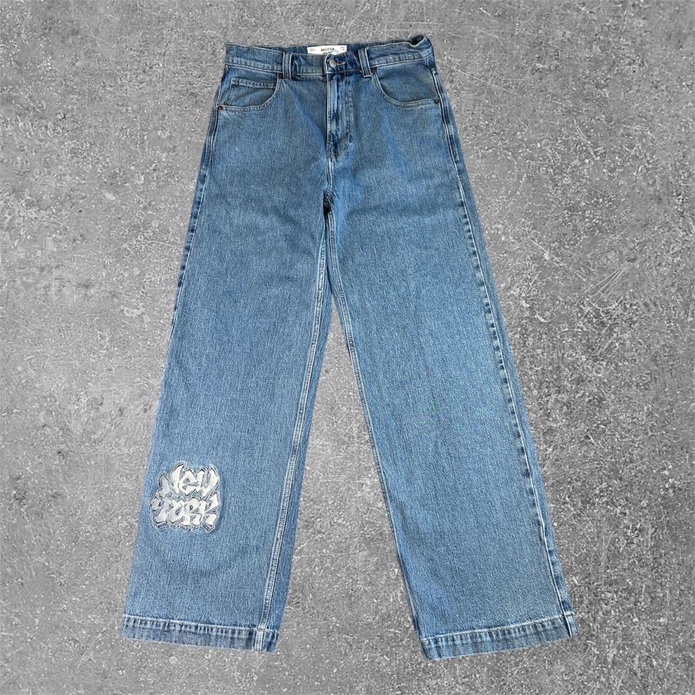 Hollister Super Baggy Jeans Mens 32x32 Fit Blue New York Graffiti Patch Wide Leg